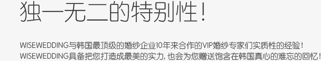 独一无二的特别性! wisewedding与韩国最顶级的婚纱企业10年来合作的VIP婚纱专家们实质性的经验！wisewedding具备把您打造成最美的实力, 也会为您赠送饱含在韩国真心的难忘的回忆！